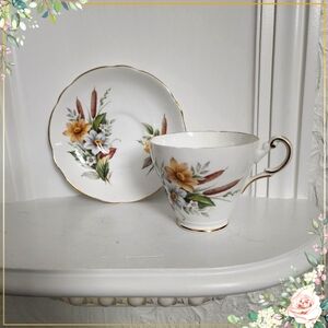 Regency Bone China Tea Cup and Saucer, Yellow and White Flowers, Brown Accents